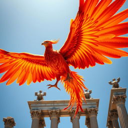 A majestic phoenix with powerful wings spread wide, showcasing intricate feather details in brilliant shades of red, orange, and gold, soaring through the sky towards an ancient tower