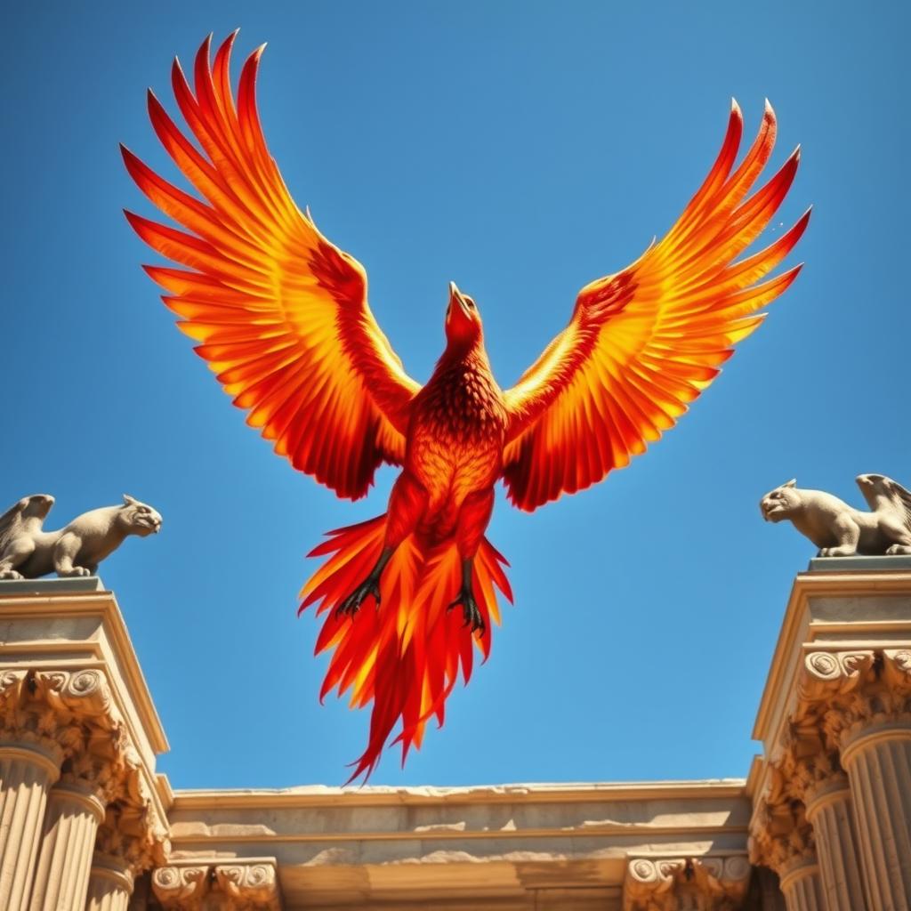 A majestic phoenix with powerful wings spread wide, showcasing intricate feather details in brilliant shades of red, orange, and gold, soaring through the sky towards an ancient tower