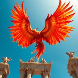 A majestic phoenix with powerful wings spread wide, showcasing intricate feather details in brilliant shades of red, orange, and gold, soaring through the sky towards an ancient tower