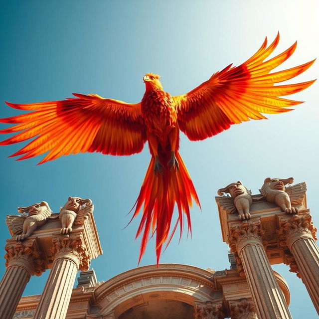 A majestic phoenix with powerful wings spread wide, showcasing intricate feather details in brilliant shades of red, orange, and gold, soaring through the sky towards an ancient tower