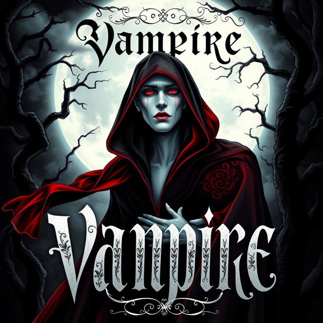 A captivating book cover design featuring an alluring vampire character, designed for a gothic novel