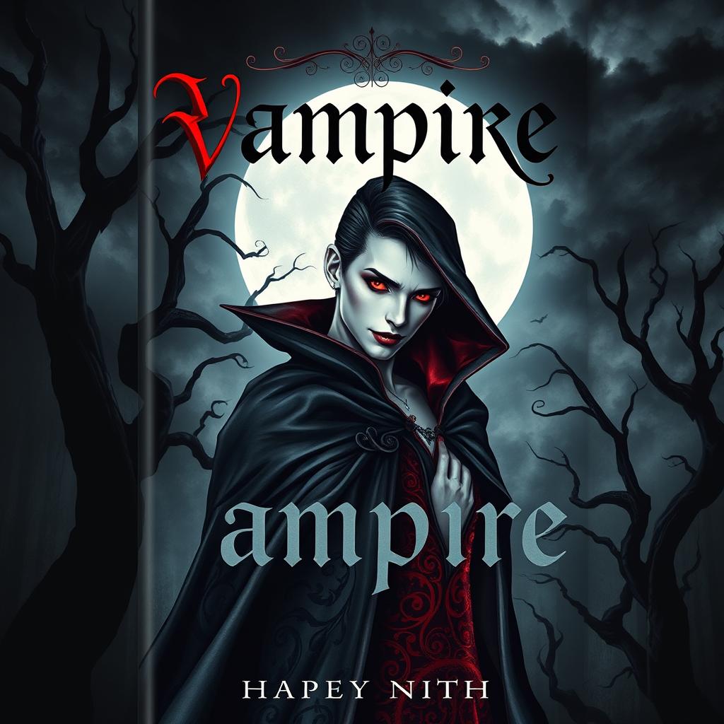 A captivating book cover design featuring an alluring vampire character, designed for a gothic novel