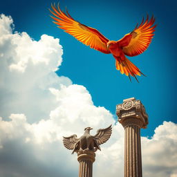 A majestic phoenix soaring through a bright blue sky with powerful wings spread wide, displaying intricate feather details in a vibrant mix of red, orange, and gold