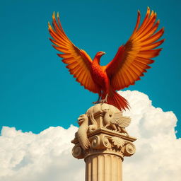 A majestic phoenix soaring through a bright blue sky with powerful wings spread wide, displaying intricate feather details in a vibrant mix of red, orange, and gold