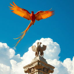 A majestic phoenix soaring through a bright blue sky with powerful wings spread wide, displaying intricate feather details in a vibrant mix of red, orange, and gold