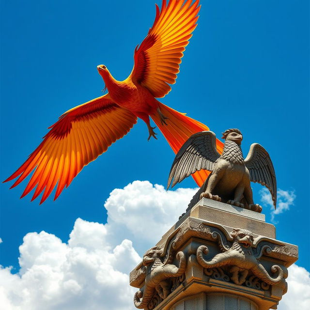 A majestic phoenix soaring through a bright blue sky with powerful wings spread wide, displaying intricate feather details in a vibrant mix of red, orange, and gold