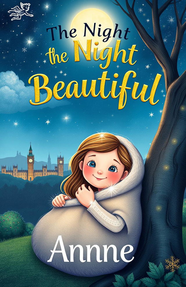 A whimsical and enchanting book cover design for a children's fairy tale titled 'The Night is Beautiful, Sleep Well in the Warmth of Neverland, Anne'