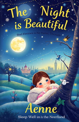 A whimsical and enchanting book cover design for a children's fairy tale titled 'The Night is Beautiful, Sleep Well in the Warmth of Neverland, Anne'