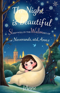 A whimsical and enchanting book cover design for a children's fairy tale titled 'The Night is Beautiful, Sleep Well in the Warmth of Neverland, Anne'