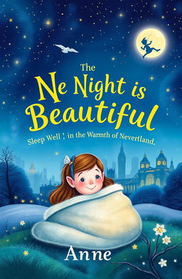 A whimsical and enchanting book cover design for a children's fairy tale titled 'The Night is Beautiful, Sleep Well in the Warmth of Neverland, Anne'