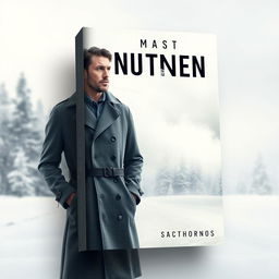 A striking book cover design featuring a solitary man in a classic trench coat, standing in a snowy winter setting