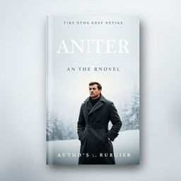 A striking book cover design featuring a solitary man in a classic trench coat, standing in a snowy winter setting