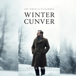 A striking book cover design featuring a solitary man in a classic trench coat, standing in a snowy winter setting