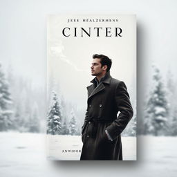 A striking book cover design featuring a solitary man in a classic trench coat, standing in a snowy winter setting