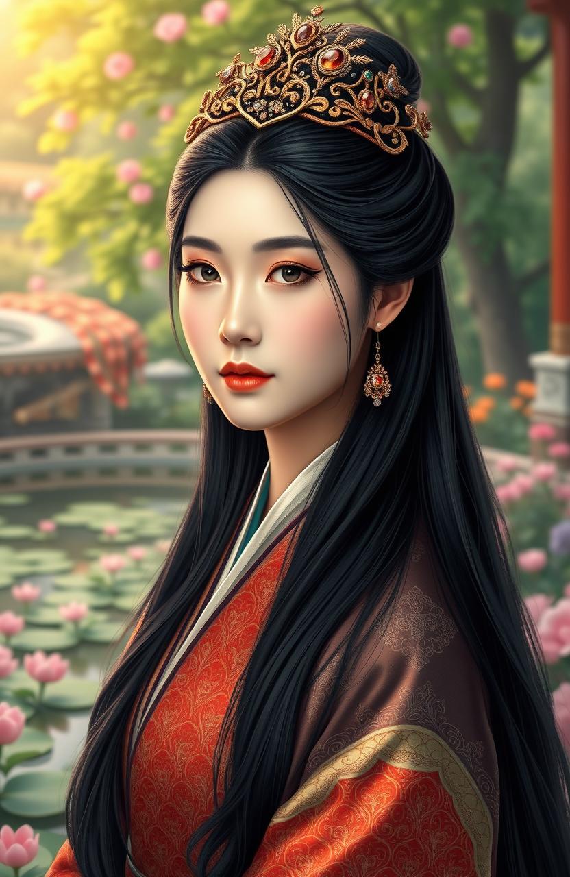 A portrait of Empress Yun Hee from the Korean Imperial era, depicted in traditional royal attire featuring ornate patterns and rich colors