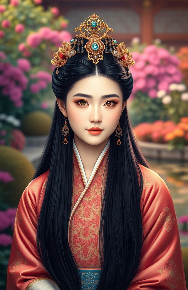 A portrait of Empress Yun Hee from the Korean Imperial era, depicted in traditional royal attire featuring ornate patterns and rich colors