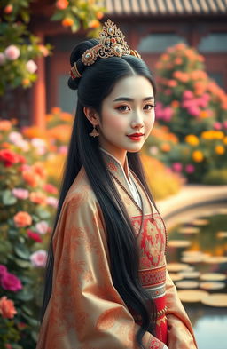 A portrait of Empress Yun Hee from the Korean Imperial era, depicted in traditional royal attire featuring ornate patterns and rich colors
