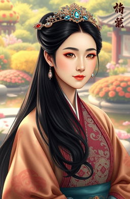 A portrait of Empress Yun Hee from the Korean Imperial era, depicted in traditional royal attire featuring ornate patterns and rich colors