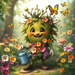 A whimsical and charming portrayal of a friendly hedge humanoid character in a lush fantasy garden