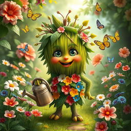 A whimsical and charming portrayal of a friendly hedge humanoid character in a lush fantasy garden
