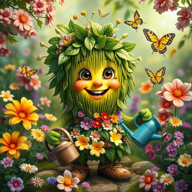 A whimsical and charming portrayal of a friendly hedge humanoid character in a lush fantasy garden