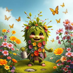 A whimsical and charming portrayal of a friendly hedge humanoid character in a lush fantasy garden