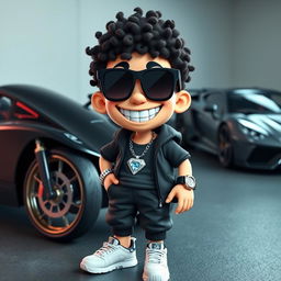 A cheerful cartoon character wearing sporty clothing, adorned with a diamond chain and a diamond watch