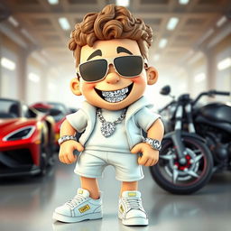A cheerful cartoon character wearing sporty clothing, adorned with a diamond chain and a diamond watch