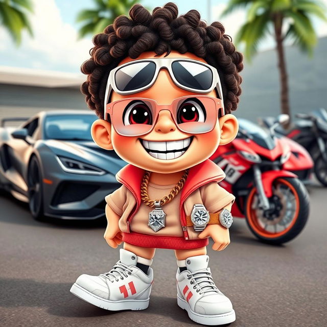 A cheerful cartoon character wearing sporty clothing, adorned with a diamond chain and a diamond watch