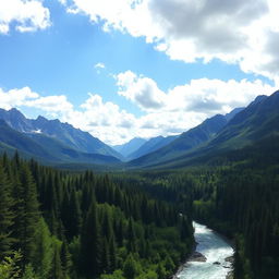 A breathtaking landscape showcasing majestic mountains with craggy peaks in the background, a serene river gracefully winding through a lush, dense forest filled with rich greenery and vibrant foliage