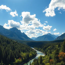 A breathtaking landscape showcasing majestic mountains with craggy peaks in the background, a serene river gracefully winding through a lush, dense forest filled with rich greenery and vibrant foliage