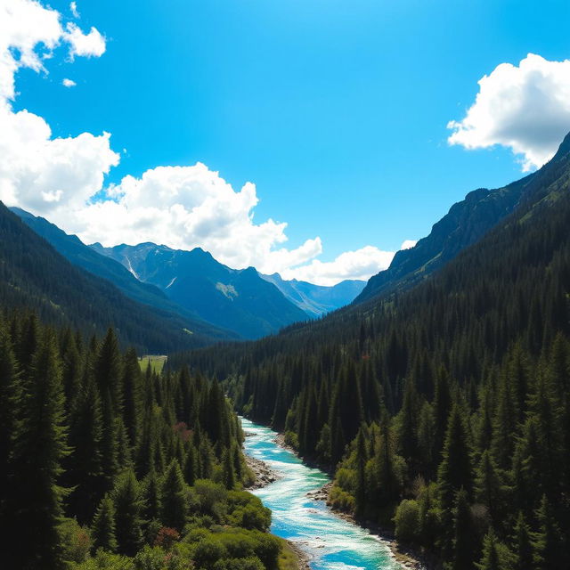 A breathtaking landscape showcasing majestic mountains with craggy peaks in the background, a serene river gracefully winding through a lush, dense forest filled with rich greenery and vibrant foliage