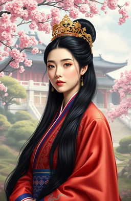 A majestic portrait of Korean Empress Yun Hee, adorned in royal traditional hanbok with intricate patterns and vibrant colors