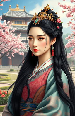 A majestic portrait of Korean Empress Yun Hee, adorned in royal traditional hanbok with intricate patterns and vibrant colors