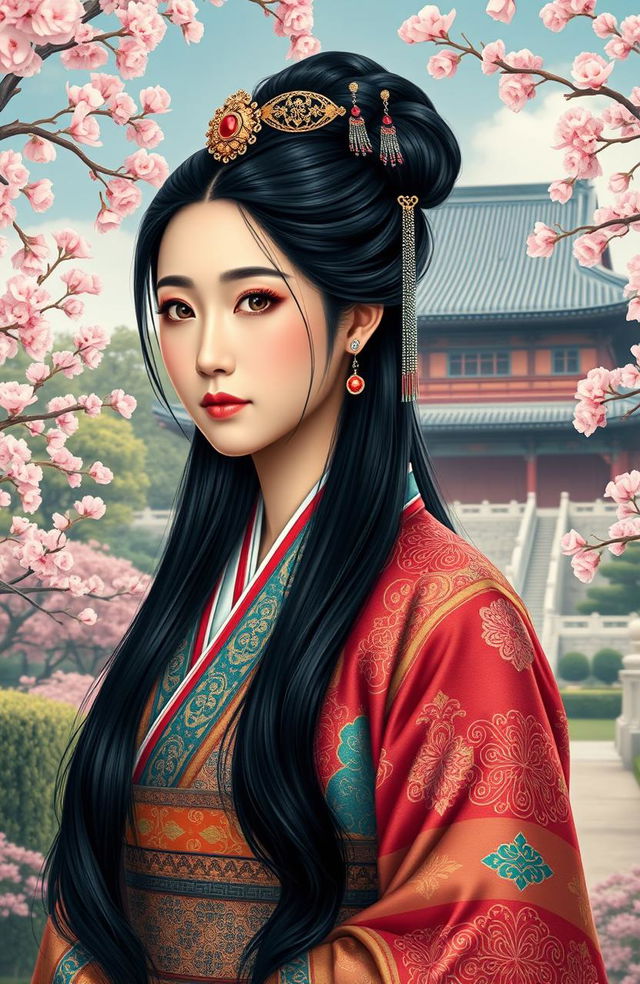 A majestic portrait of Korean Empress Yun Hee, adorned in royal traditional hanbok with intricate patterns and vibrant colors