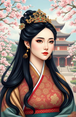 A majestic portrait of Korean Empress Yun Hee, adorned in royal traditional hanbok with intricate patterns and vibrant colors