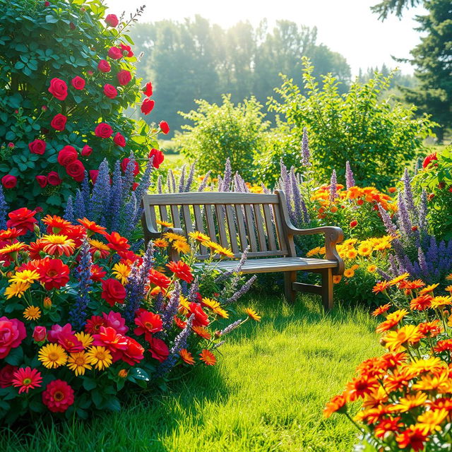 A picturesque summer scene set in a sunlit garden, filled with an abundance of colorful flowers such as brilliant red roses, cheerful yellow daisies, delicate purple lavender, and vibrant orange marigolds