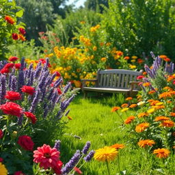 A picturesque summer scene set in a sunlit garden, filled with an abundance of colorful flowers such as brilliant red roses, cheerful yellow daisies, delicate purple lavender, and vibrant orange marigolds