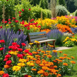 A picturesque summer scene set in a sunlit garden, filled with an abundance of colorful flowers such as brilliant red roses, cheerful yellow daisies, delicate purple lavender, and vibrant orange marigolds