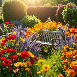 A picturesque summer scene set in a sunlit garden, filled with an abundance of colorful flowers such as brilliant red roses, cheerful yellow daisies, delicate purple lavender, and vibrant orange marigolds