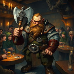 A complex and visually engaging portrayal of a dwarf character in a Dungeons & Dragons setting, featuring a rugged dwarf wearing traditional armor and wielding a mighty axe