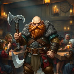 A complex and visually engaging portrayal of a dwarf character in a Dungeons & Dragons setting, featuring a rugged dwarf wearing traditional armor and wielding a mighty axe