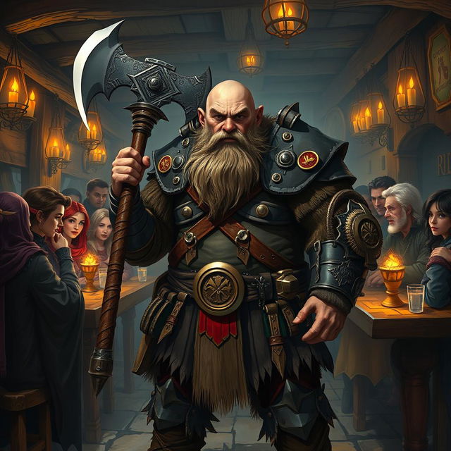 A complex and visually engaging portrayal of a dwarf character in a Dungeons & Dragons setting, featuring a rugged dwarf wearing traditional armor and wielding a mighty axe