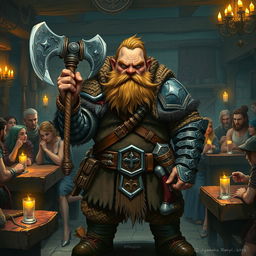 A complex and visually engaging portrayal of a dwarf character in a Dungeons & Dragons setting, featuring a rugged dwarf wearing traditional armor and wielding a mighty axe