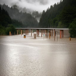 A one-lane road dramatically flooded by water, creating a powerful scene of nature's force disrupting man-made infrastructure.