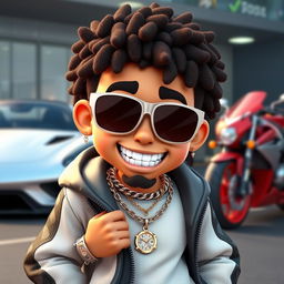 A cartoon character with a sporty outfit adorned with diamond chains and a diamond watch, featuring diamonds in its teeth