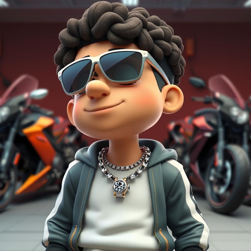 A cartoon character with a sporty outfit adorned with diamond chains and a diamond watch, featuring diamonds in its teeth