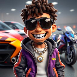 A cartoon character with a sporty outfit adorned with diamond chains and a diamond watch, featuring diamonds in its teeth