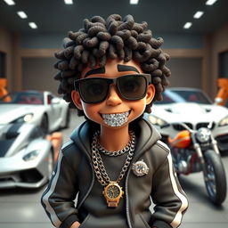 A cartoon character with a sporty outfit adorned with diamond chains and a diamond watch, featuring diamonds in its teeth