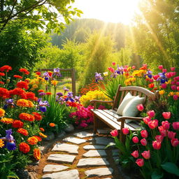 A picturesque summer scene set in a sunlit garden brimming with a riot of colorful flowers such as radiant red roses, sunny yellow marigolds, delicate purple irises, and cheerful pink tulips